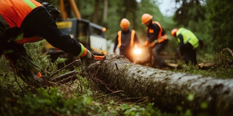 Forestry workers in safety gear are actively involved in clearing fallen trees from the forest floor, showcasing teamwork and dedication to environmental management.