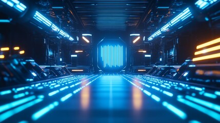 Fototapeta premium A futuristic corridor illuminated by blue and orange lights, leading to a glowing portal.