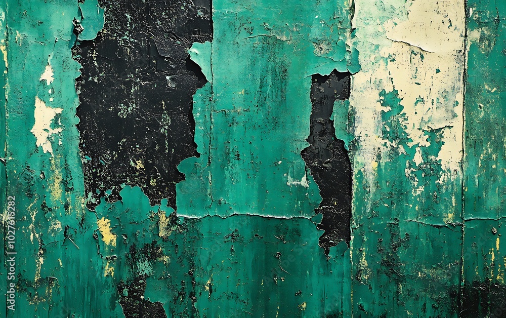 Poster a textured abstract surface featuring layers of peeling paint in shades of green, black, and white, 
