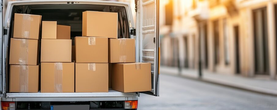 Delivery truck loaded with boxes, open for unloading on a quiet city street, moving service concept, warm sunlight, urban background with detailed building facades
