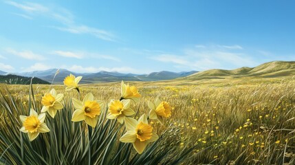 Obraz premium Yellow Daffodils Blooming in a Grassy Field with Rolling Hills in the Distance