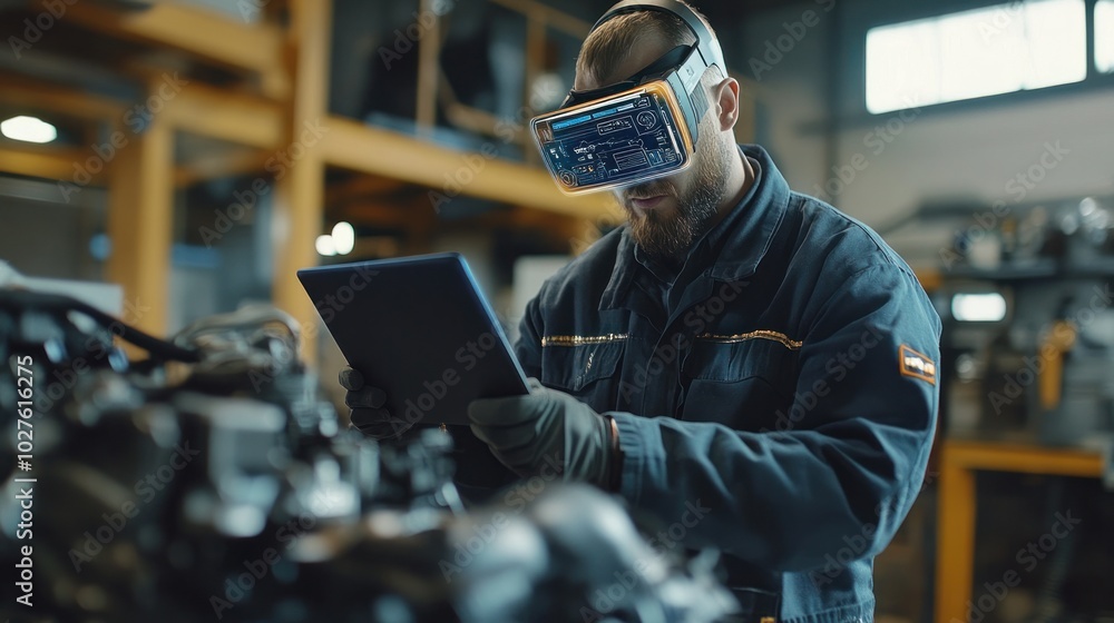 Poster technician using ar diagnostics tablet: augmented reality tools assisting with real-time engine insp