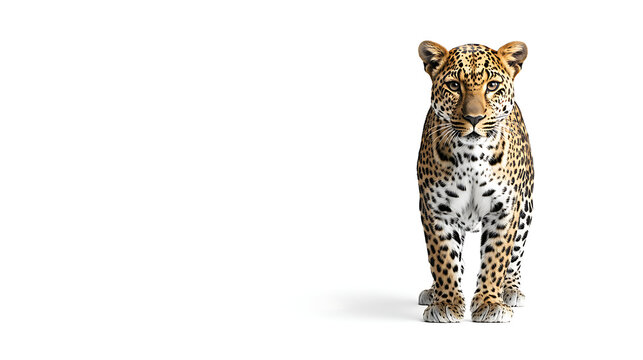 Spotted leopard standing in front and facing at the camera isolated on white
