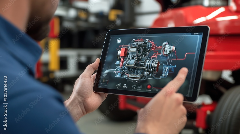 Poster technician using ar on tablet: augmented reality diagnostics software for real-time vehicle engine i