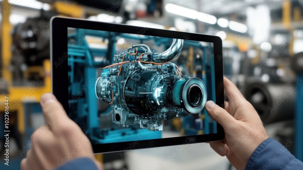 Poster technician using ar on tablet: augmented reality diagnostics software for real-time vehicle engine i