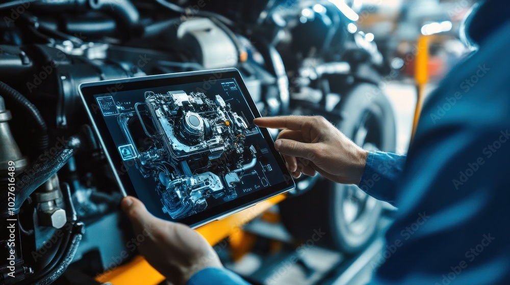 Poster technician using ar on tablet: augmented reality diagnostics software for real-time vehicle engine i