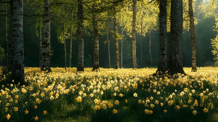 Obraz premium A field of daffodils blooming in a forest with sunbeams shining through the trees.