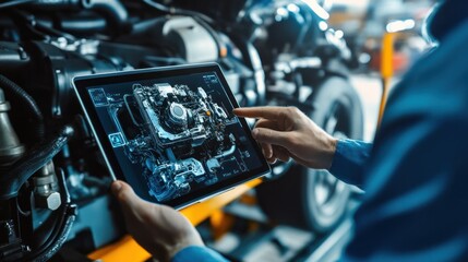 Technician using AR on tablet: Augmented reality diagnostics software for real-time vehicle engine inspections