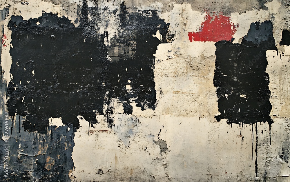 Poster a textured wall displaying abstract patterns in black, white, and red, showcasing peeling paint and 