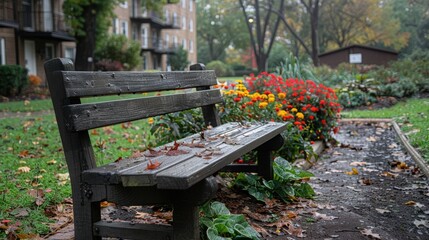 A tranquil autumn garden scene featuring a weathered bench surrounded by vibrant flowers and fallen leaves. Generative AI