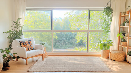 Tiny condo living room, boho style with armchair, colorful patterned cushions, woven rug