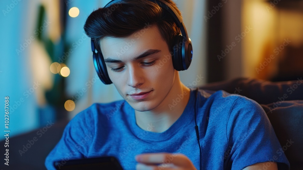 Poster virtual ai assistant on a mobile device, with a young man using it through headphones for hands-free
