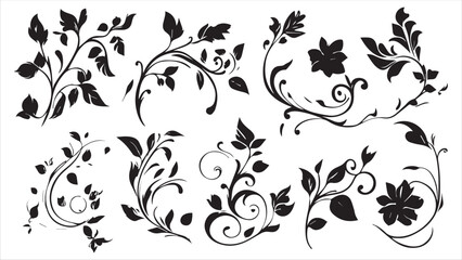 A set of simple black blue floral and swirling vector elements on a white background.