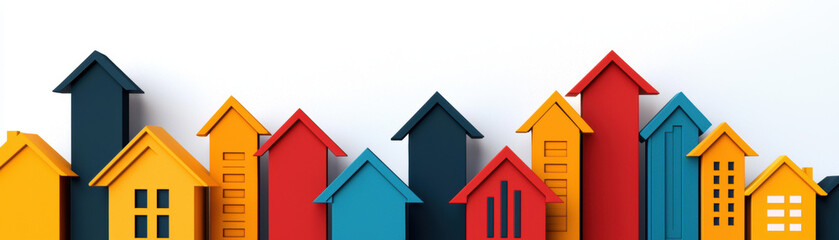 Fototapeta premium Colorful miniature houses arranged in a playful, vibrant style, white isolate background.