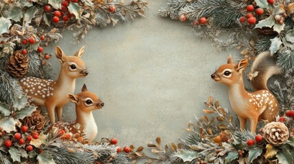 A vintage-style Christmas border with a blend of 3D-rendered cute animals like deer and squirrels, arranged around a blank space, framed with elegant, vintage holiday decorations in muted festive