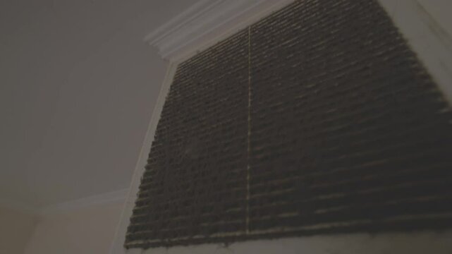 Dusty air vent on ceiling corner with visible dirt buildup, highlighting need for cleaning and maintenance in indoor environments.