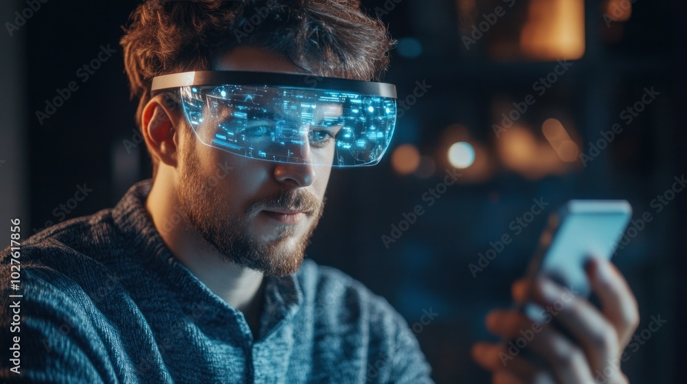 Poster young man interacting with a virtual assistant via phone, using smart holographic technology to mana