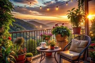Obraz premium Evening Serenity on a Lush Balcony - Tranquil Nature Retreat with Relaxing Vibes