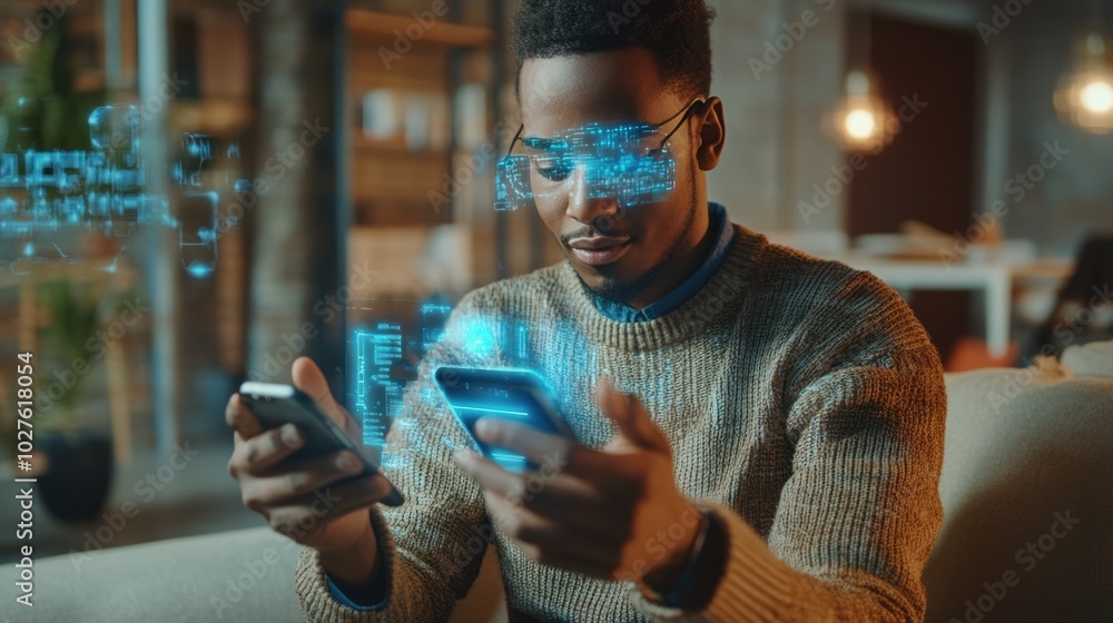 Aufkleber young man using phone with ai assistant hologram, interacting with the smart assistant via a virtual