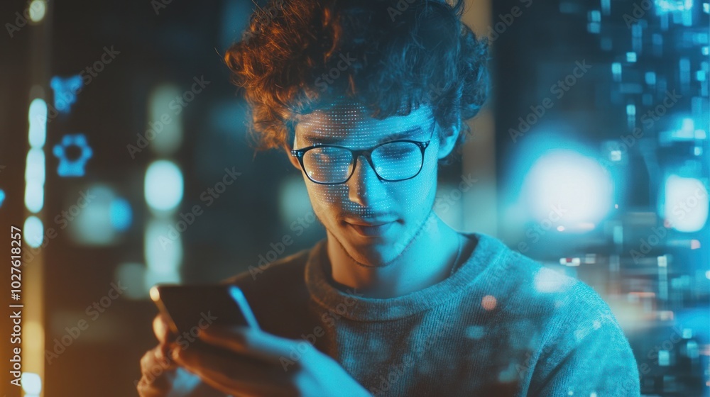 Poster young man working with a virtual assistant, using ai technology projected in a hologram through his 