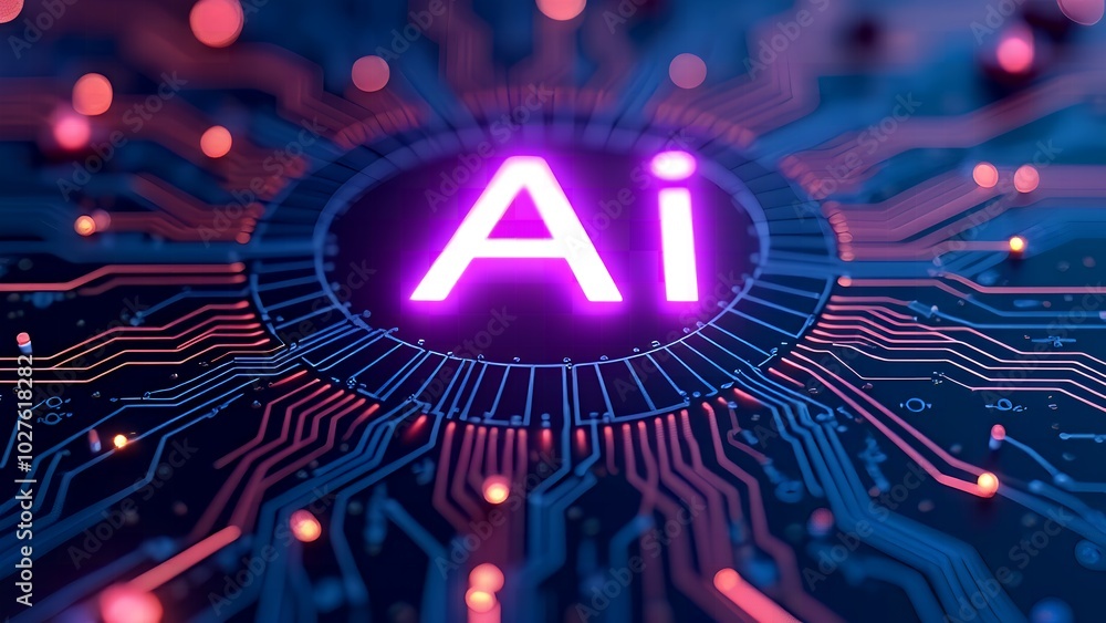 Aufkleber ai chip glowing neon light with thin circuit lines and semiconductor on tech background