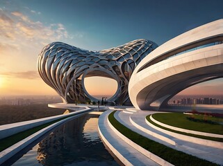 Futuristic luxury architecture building with curved shapes and surreal sunset city skyline