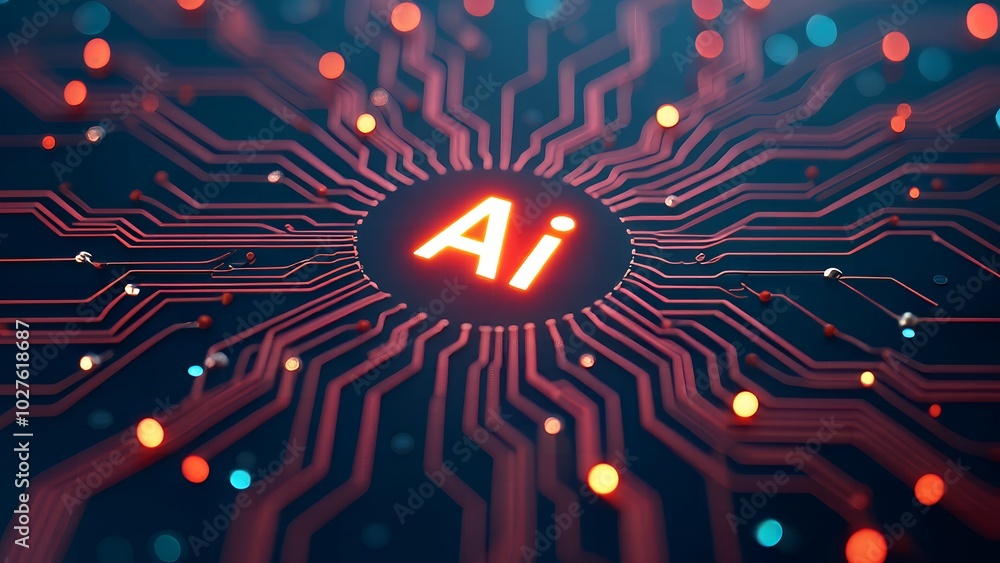 Aufkleber futuristic neon ai chip with thin circuit lines on abstract tech background semiconductor onboard