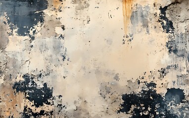 Fototapeta premium A textured wall with a blend of cream, beige, and dark blue hues, featuring peeling paint and a distressed appearance, evoking an artistic, vintage feel.