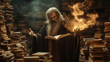 Man in Wizard Costume with Magical Flames