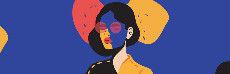  Women's day. Abstract art, portrait of beautiful woman in glasses, bright palette. Vector flat illustration with space for text