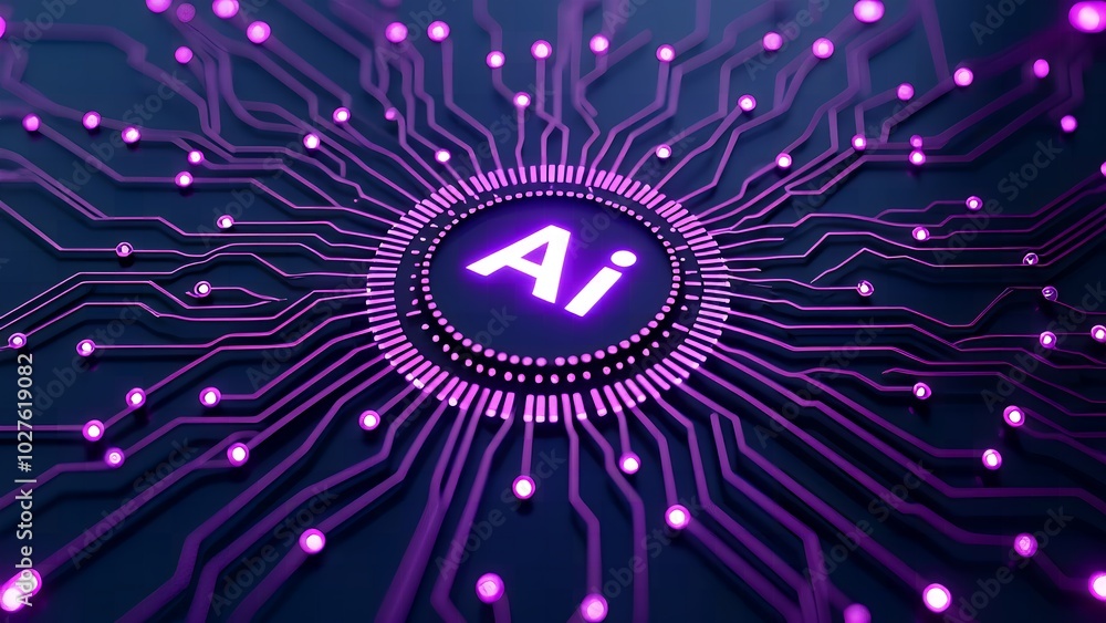 Aufkleber futuristic neon ai chip with thin circuit lines on abstract tech background semiconductor onboard