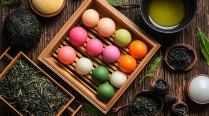 Colorful Japanese Sweets and Tea Arrangement