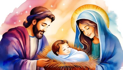 Watercolor Painting Depicting a Serene Nativity Scene in Bethlehem, Illustrating the Traditional Christmas Story with Delicate Brushstrokes and Soft Colors in a Spiritual and Artistic Representation o
