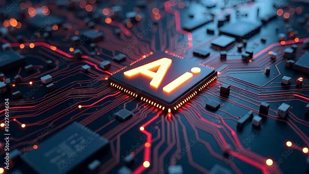 Aufkleber futuristic neon ai chip with thin circuit lines on abstract tech background semiconductor onboard