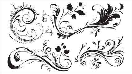 A set of simple black blue floral and swirling vector elements on a white background.