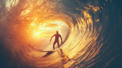 Surfer in barrel of wave glowing with sunset light