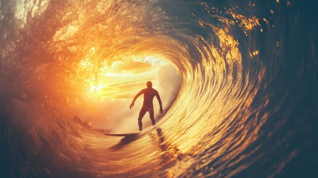 Surfer in barrel of wave glowing with sunset light