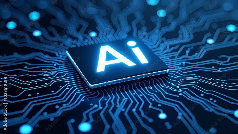 Poster glowing neon ai chip with thin circuit lines futuristic tech and semiconductor technology
