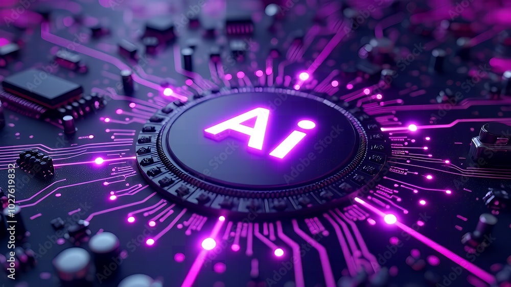 Poster glowing neon ai chip with thin circuit lines futuristic tech and semiconductor technology