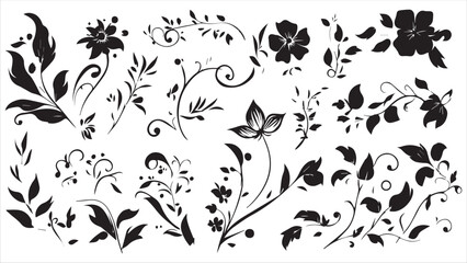 A set of simple black blue floral and swirling vector elements on a white background.