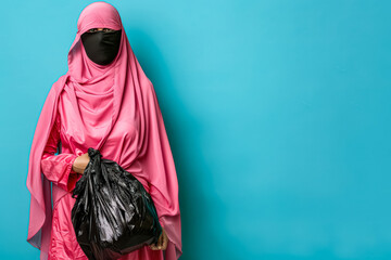 Woman wearing a pink hijab and a black face mask is holding a black bag. Concept of urgency and seriousness, as the woman is likely carrying something important or urgent
