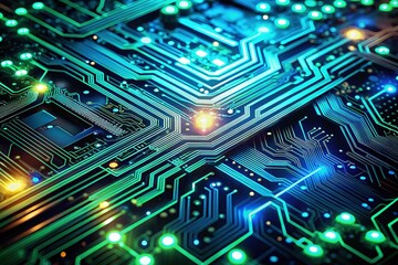 Fototapeta premium Futuristic Circuit Board Aerial View with Technology Background and Blur Effect for High-Tech Concepts