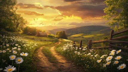 Obraz premium Winding Dirt Road Through a Field of Daisies at Sunset with a Cabin in the Distance