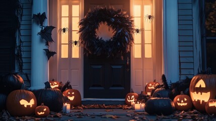 Obraz premium Halloween Decorated Front Door with Wreath and Pumpkins