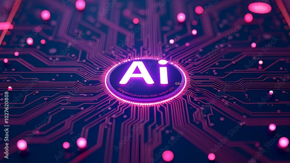 Aufkleber neon glowing ai chip with thin circuits in futuristic tech scene with semiconductor onboard