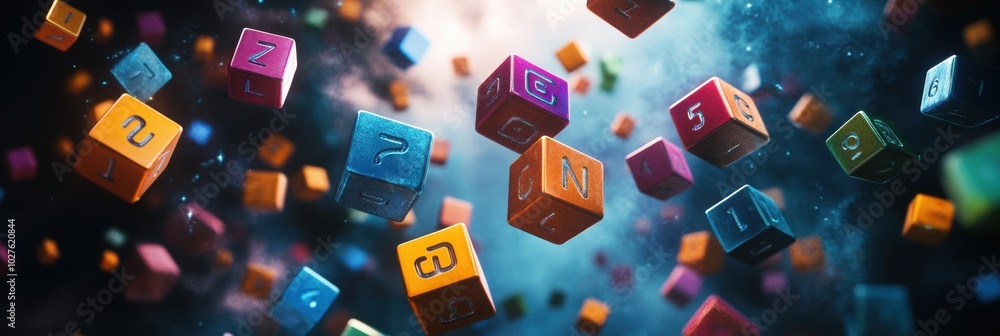 Poster vibrant floating cubes with letters and numbers create an abstract cosmic arrangement, evoking a sen