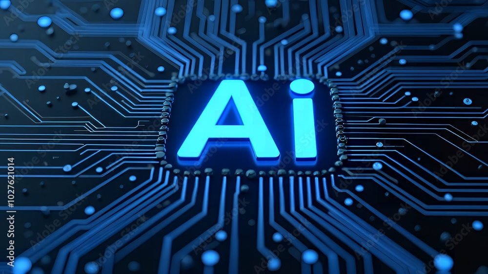 Aufkleber neon glowing ai chip with thin circuits in futuristic tech scene with semiconductor onboard