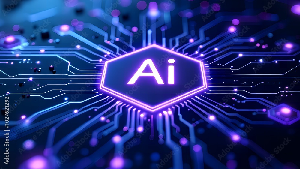 Aufkleber abstract tech background with glowing neon ai chip thin circuit lines and semiconductor onboard