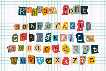 Vector ransom font. Diverse magazine cutout alphabet for collages and scrapbooking. Handmade typography type from newspaper.