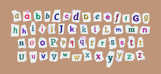 Vector ransom or blackmail alphabet. Diverse font cutout from notebook in cell for collages and scrapbooking. Handmade typography type from paper cut. 